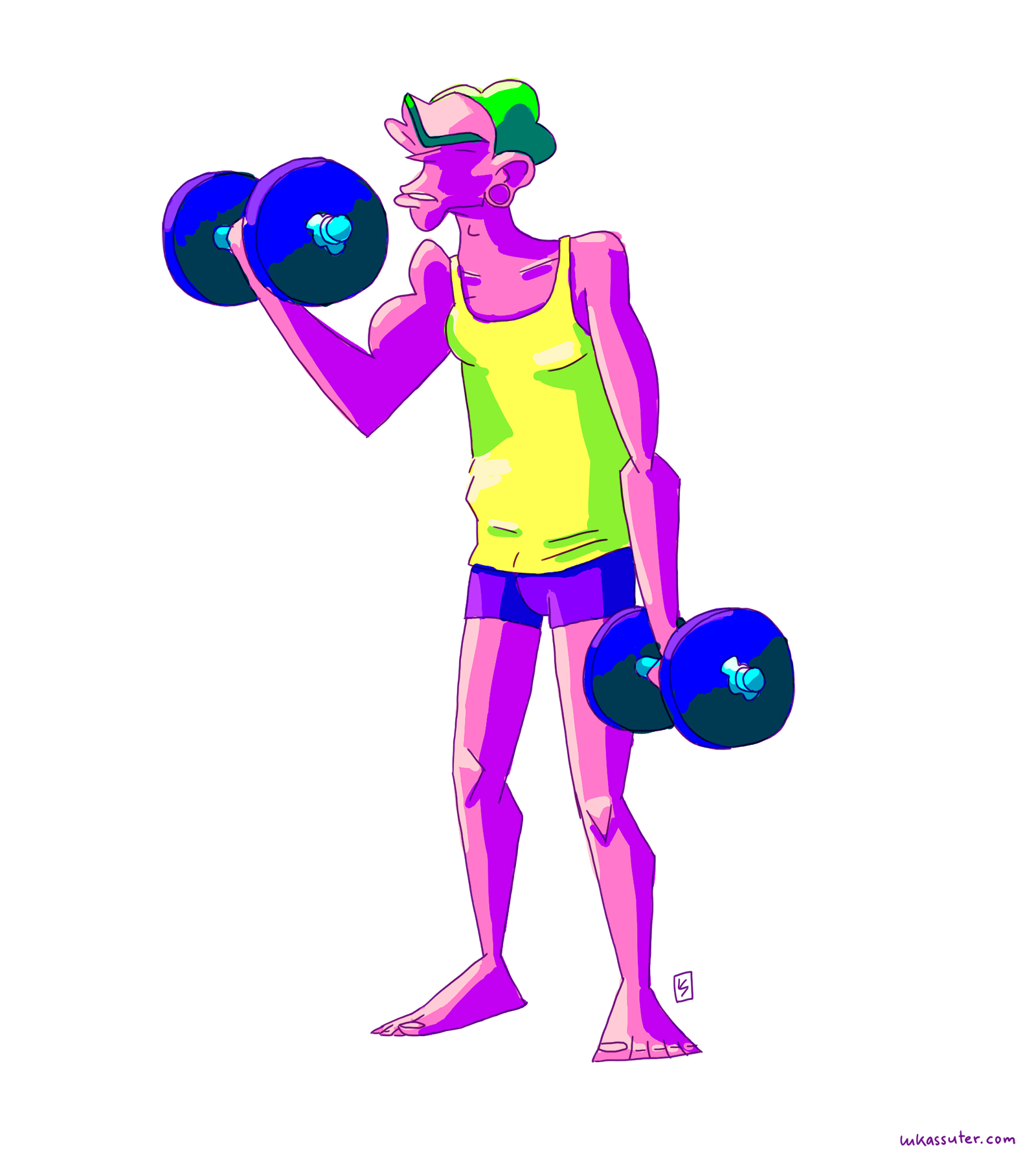 Young man with a unibrow is lifting weights